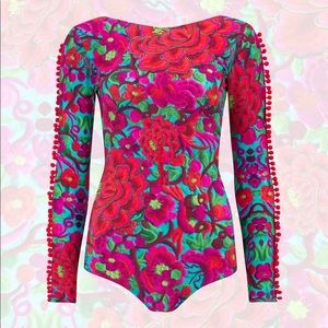 LOM Folklorico Rainbow Pom Pom Sleeve Bodysuit S